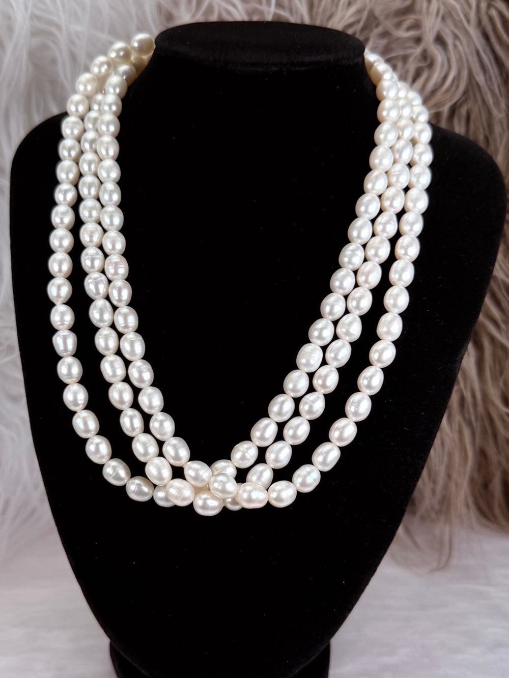 Triple Strand White Oval Bead Necklace Luminous Layered Statement Jewelry